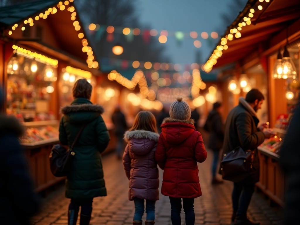 Rodzina na jarmarku bożonarodzeniowym w Wielkiej Brytanii wieczorem