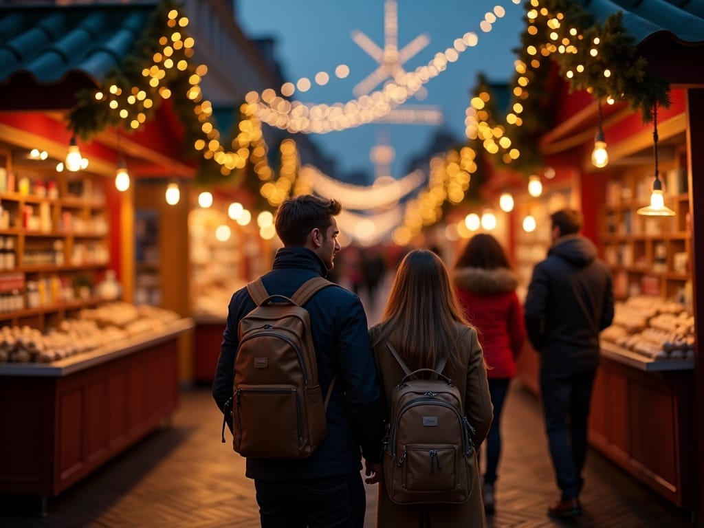 Rodzina na jarmarku bożonarodzeniowym w Wielkiej Brytanii wieczorem