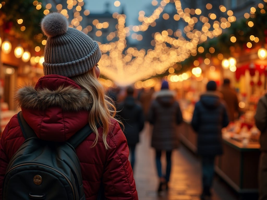 Rodzina na jarmarku bożonarodzeniowym w Wielkiej Brytanii wieczorem