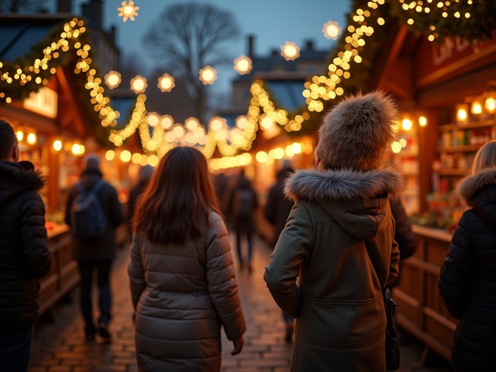 Polska rodzina odwiedza jarmark bożonarodzeniowy w Oxfordzie wieczorem