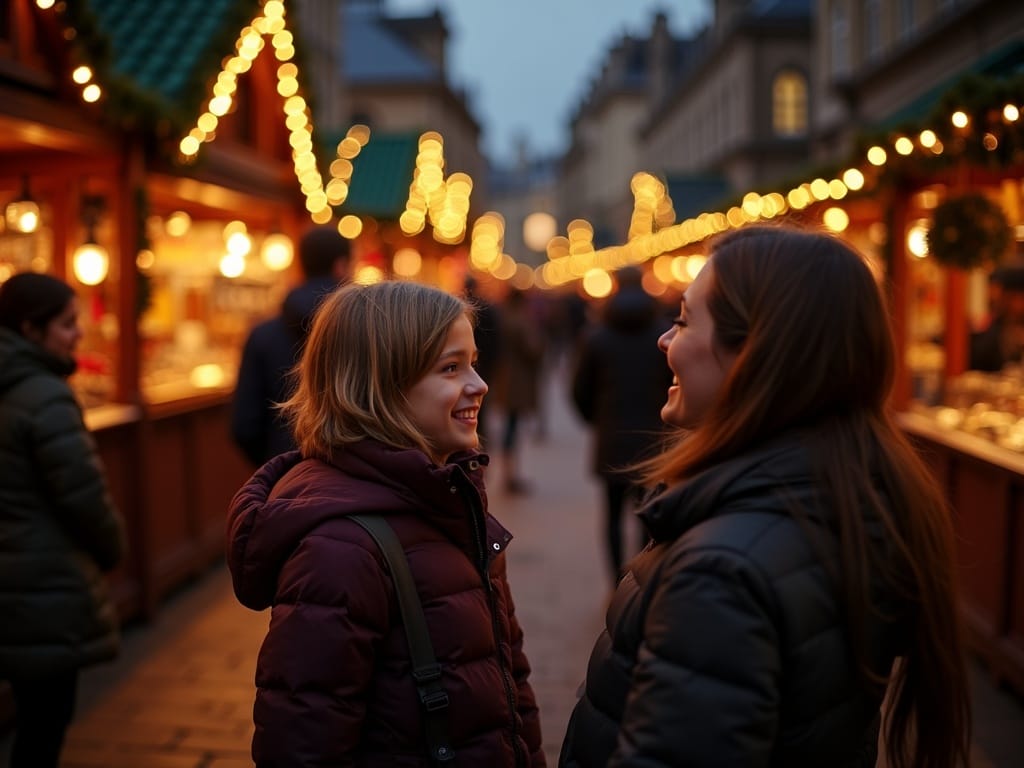 Polska rodzina odwiedza jarmark bożonarodzeniowy w Oxfordzie wieczorem