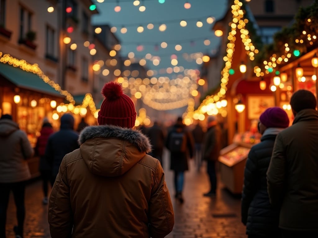 Rodzina odwiedzająca jarmark bożonarodzeniowy w Wielkiej Brytanii wieczorem, ozdoby świąteczne, blask świateł