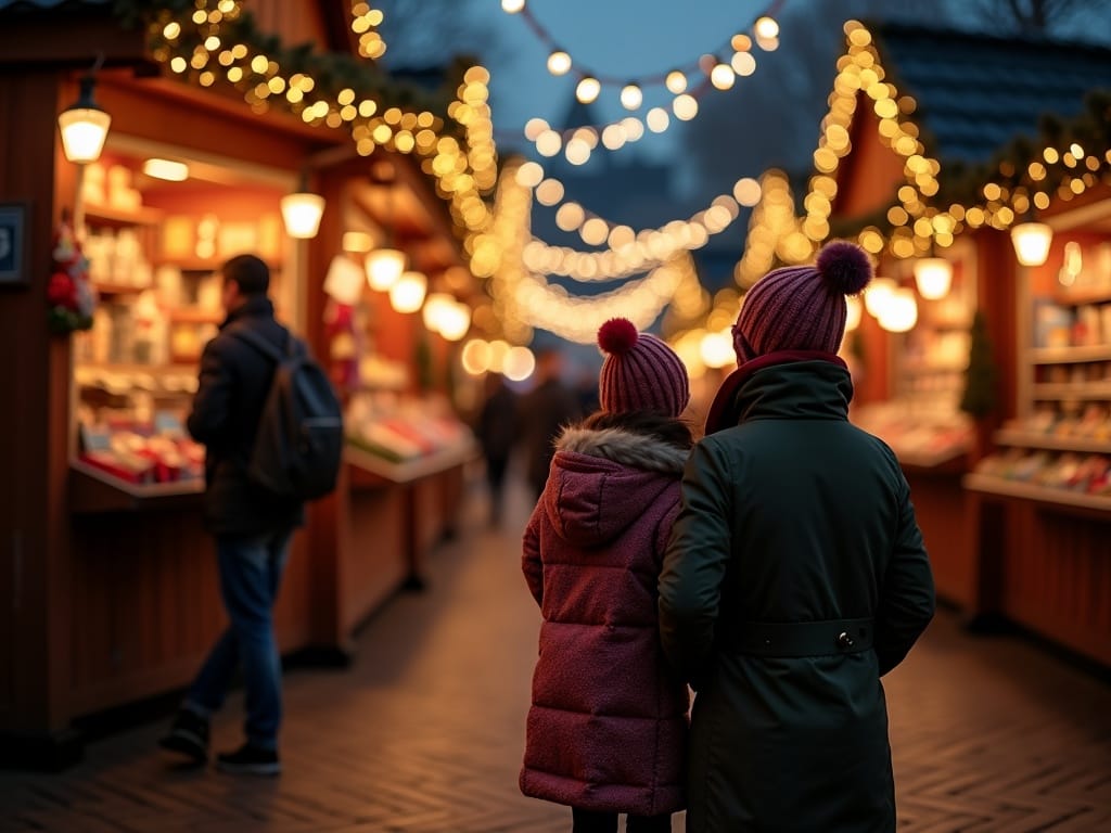 Rodzina odwiedzająca jarmark bożonarodzeniowy w Wielkiej Brytanii wieczorem, ozdoby świąteczne, blask świateł