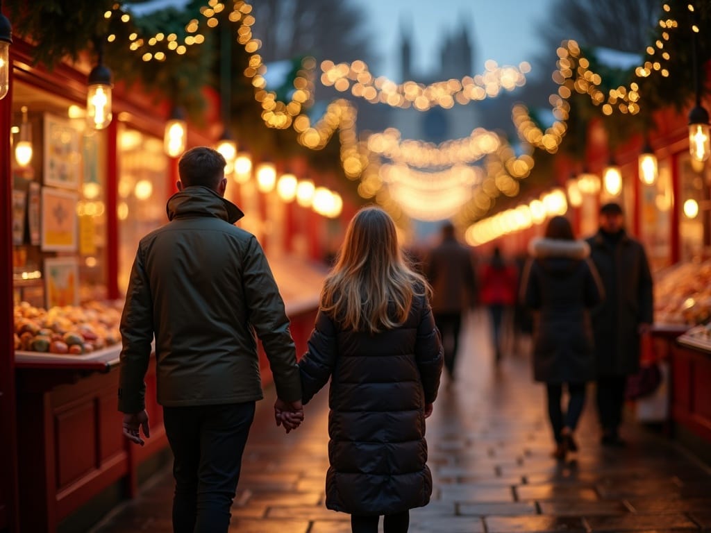 Polska rodzina na jarmarku świątecznym w Londynie, wieczór, dekoracje