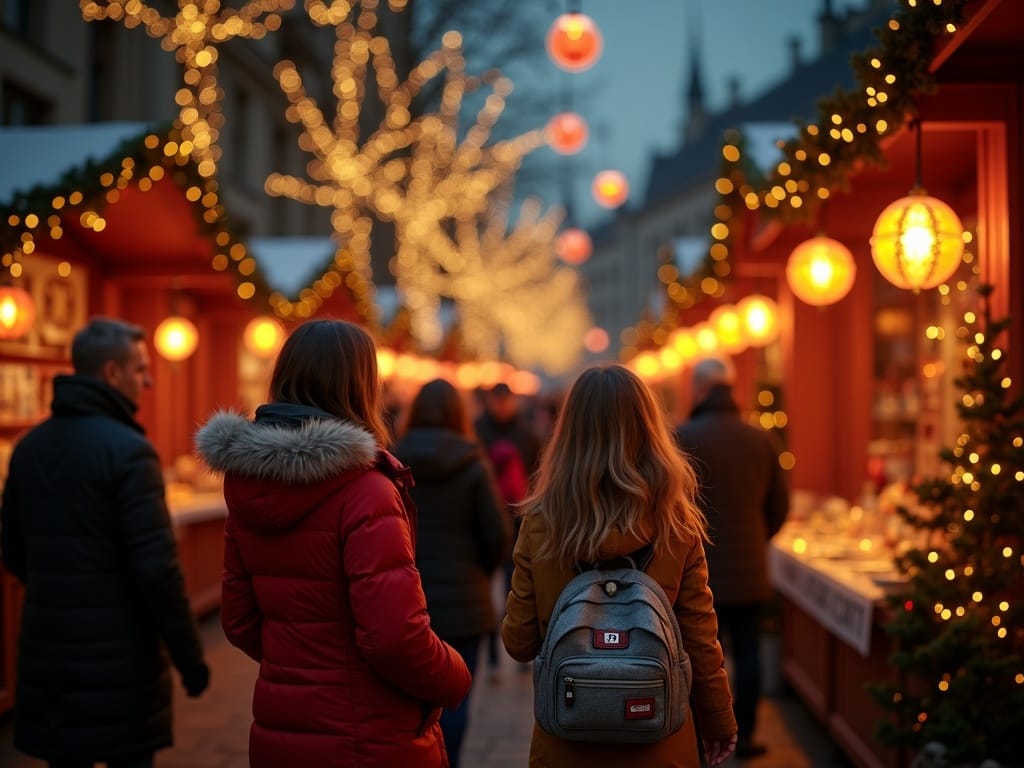 Rodzina odwiedza wieczorny jarmark świąteczny w Londynie pełen świateł i dekoracji