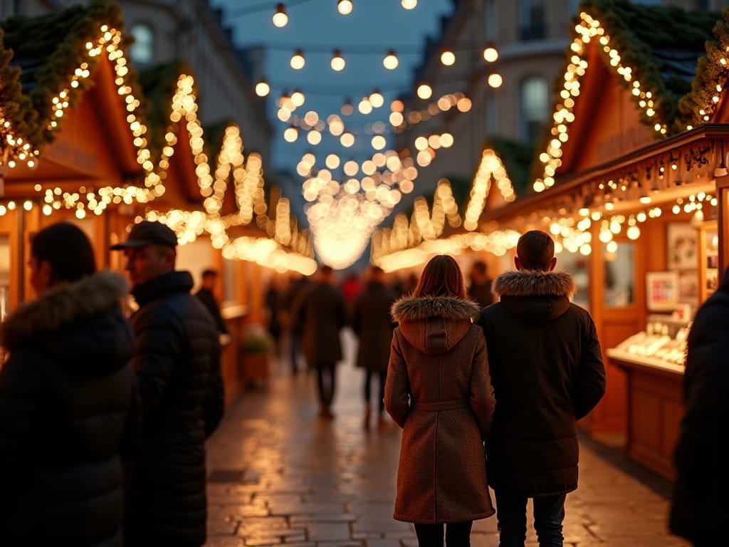 Rodzina odwiedza świąteczny jarmark w Londynie pod wieczornymi iluminacjami