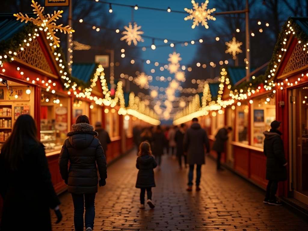 Rodzina odwiedza świąteczny jarmark w Londynie pod wieczornymi iluminacjami