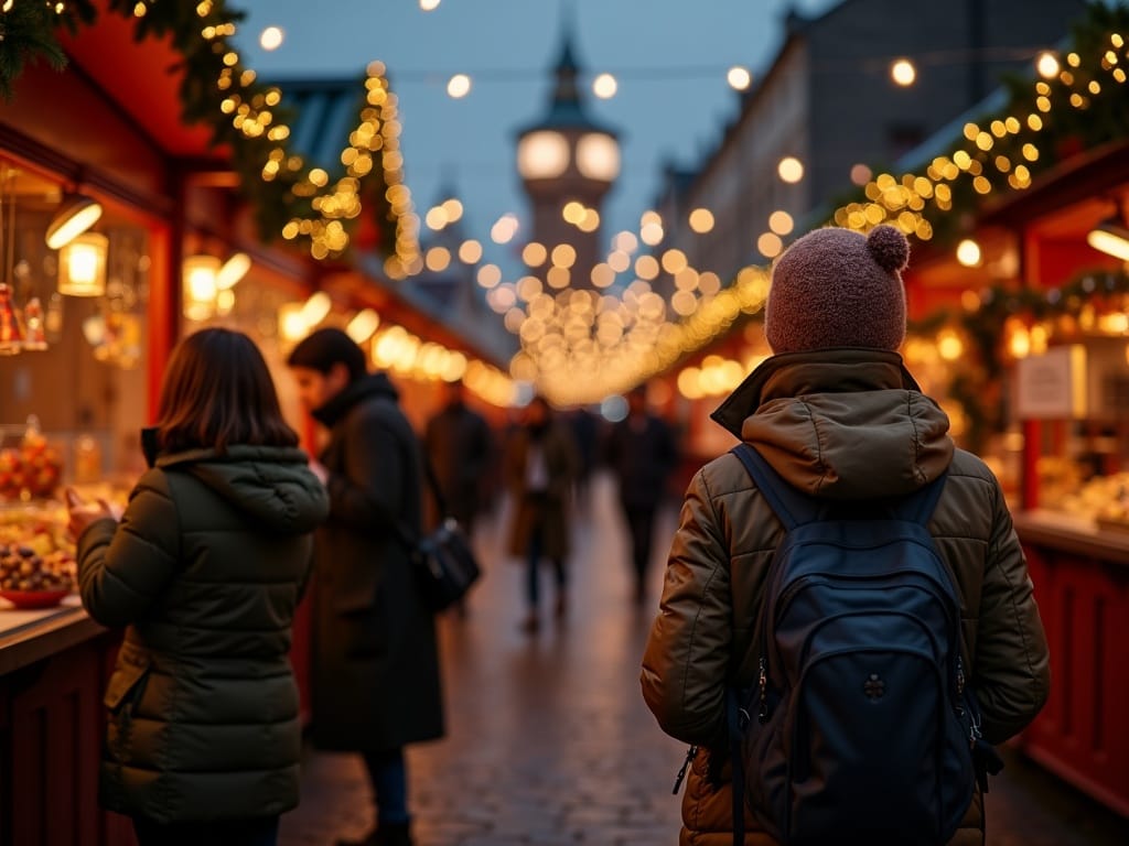 Rodzina z dziećmi odwiedza jarmark bożonarodzeniowy w Wielkiej Brytanii wieczorem wśród świątecznych dekoracji