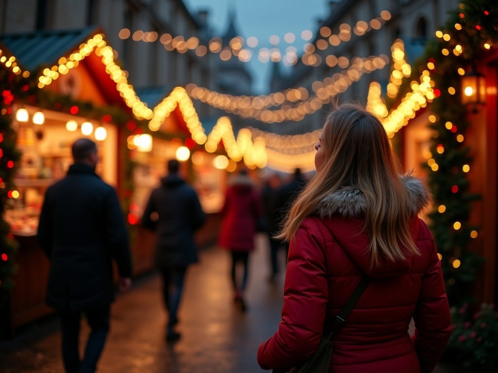 Polska rodzina odwiedza londyński jarmark bożonarodzeniowy wieczorem