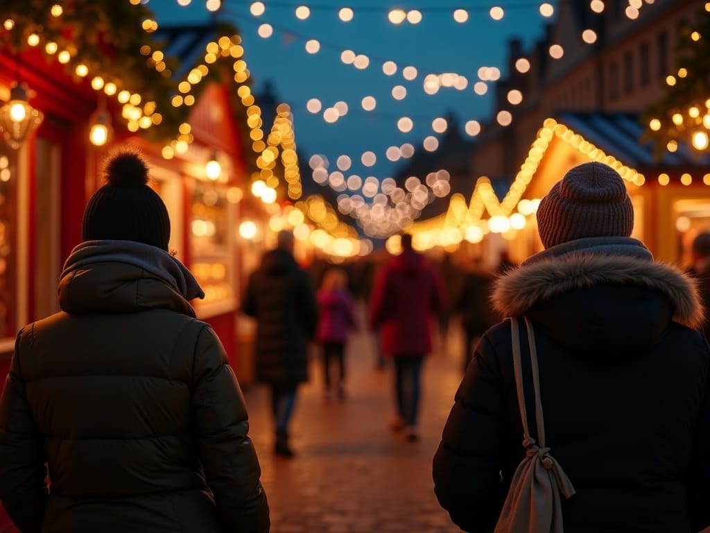 Polska rodzina odwiedza londyński jarmark bożonarodzeniowy wieczorem