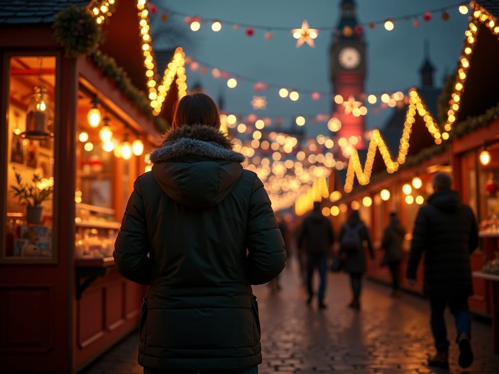 Polska rodzina odwiedza londyński jarmark bożonarodzeniowy wieczorem