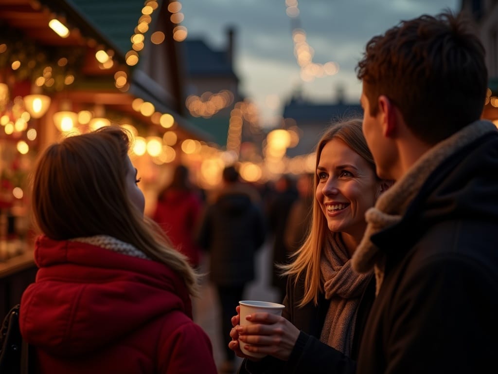Rodzina na jarmarku bożonarodzeniowym w UK, wieczór, lampki
