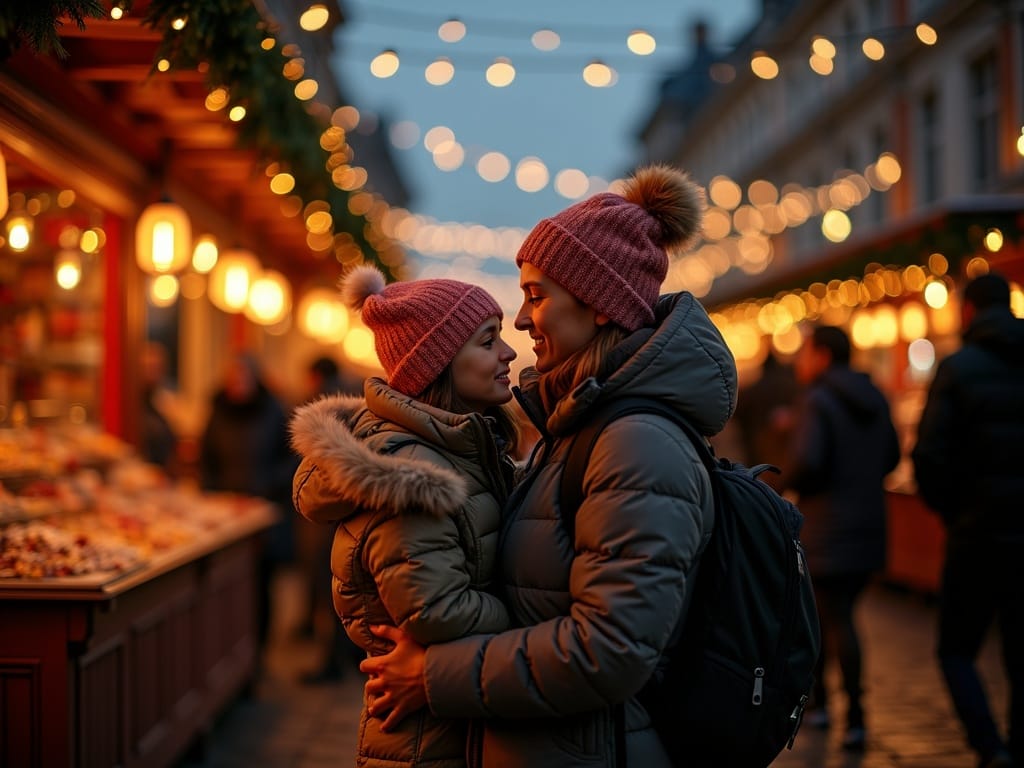 Rodzina na jarmarku bożonarodzeniowym w UK, wieczór, lampki